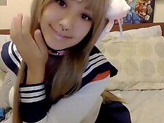 Asian college girl kitty Monster dildo Blowjob POV